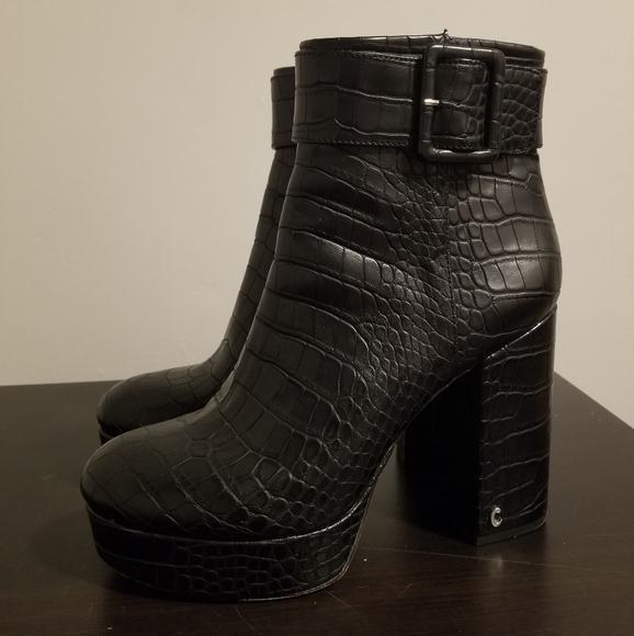 Circus by Sam Edelman Black Croc-Embossed Platform Leather Boots Heeled Fall 10 - Picture 1 of 5